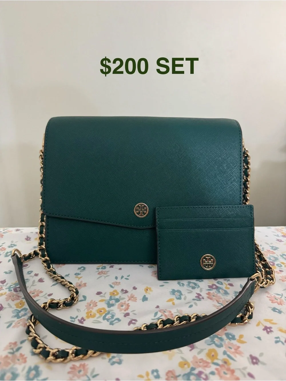 Tory Burch Dark Green Crossbody Bag with Card Case